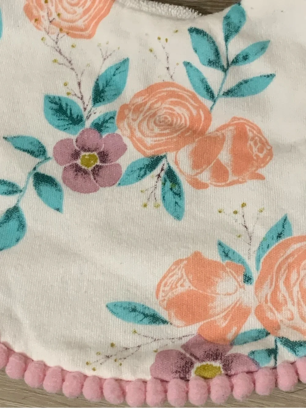 🟢 Catherine Malandrino Floral Pom-Trim Baby Bib in Pink and Peach